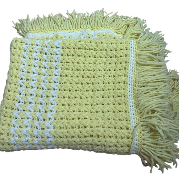 Handmade Yellow White Crochet Throw Baby Blanket Yarn Fringe Edges 35 x 60 - Picture 1 of 4